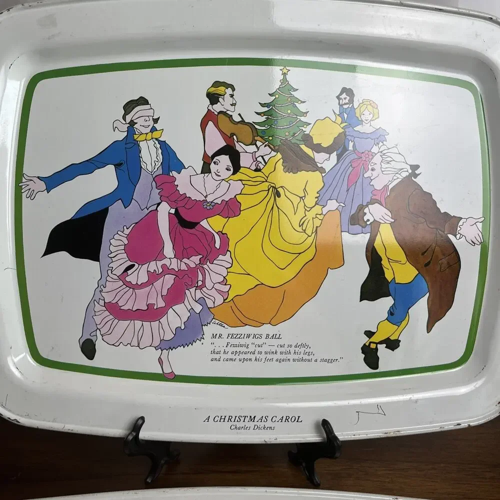 (2) Vintage A Christmas Carol Charles Dickens White Tin Trays, Holiday Decor Fun